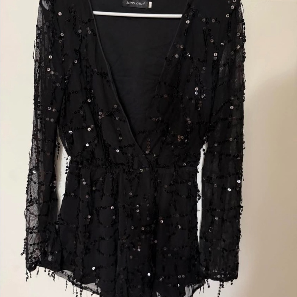 MRS ORD Black Sequin Sheer Long Sleeve Romper